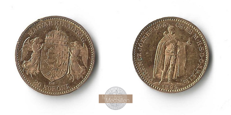 Ungarn MM-Frankfurt  Feingewicht 6,10g Gold 20 Kronen 1899 ss