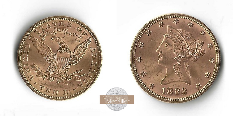 USA 10 Dollar MM-Frankfurt Feingewicht: 15,05g Gold Liberty Head 1893 ss