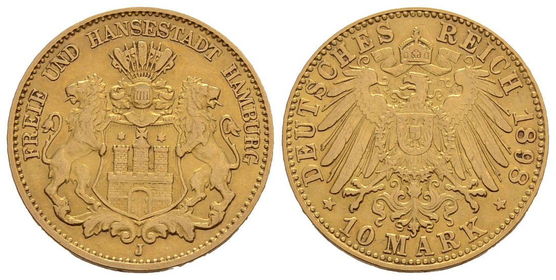 PEUS 3804 Kaiserreich - Hamburg 3,58 g Feingold. Stadtwappen 10 Mark GOLD 1898 J Sehr schön