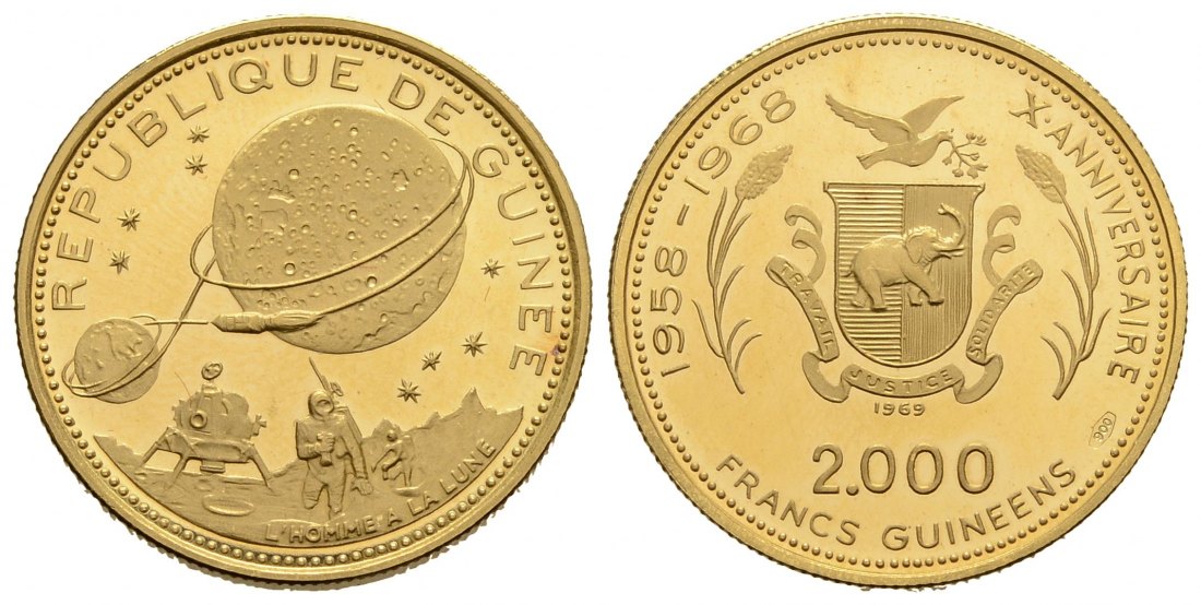 PEUS 3809 Guinea Mondlandung. 7,20 g Feingold. 2000 Francs GOLD 1969 Polierte Platte