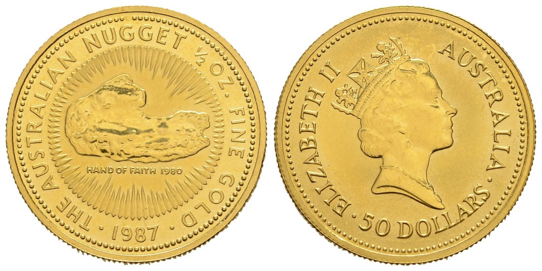 PEUS 3816 Australien 15,55 g Feingold. Gold Bullion Nugget - Hand of Faith 50 Dollars GOLD 1/2 Unze 1987 Kl. Kratzer, fast Stempelglanz