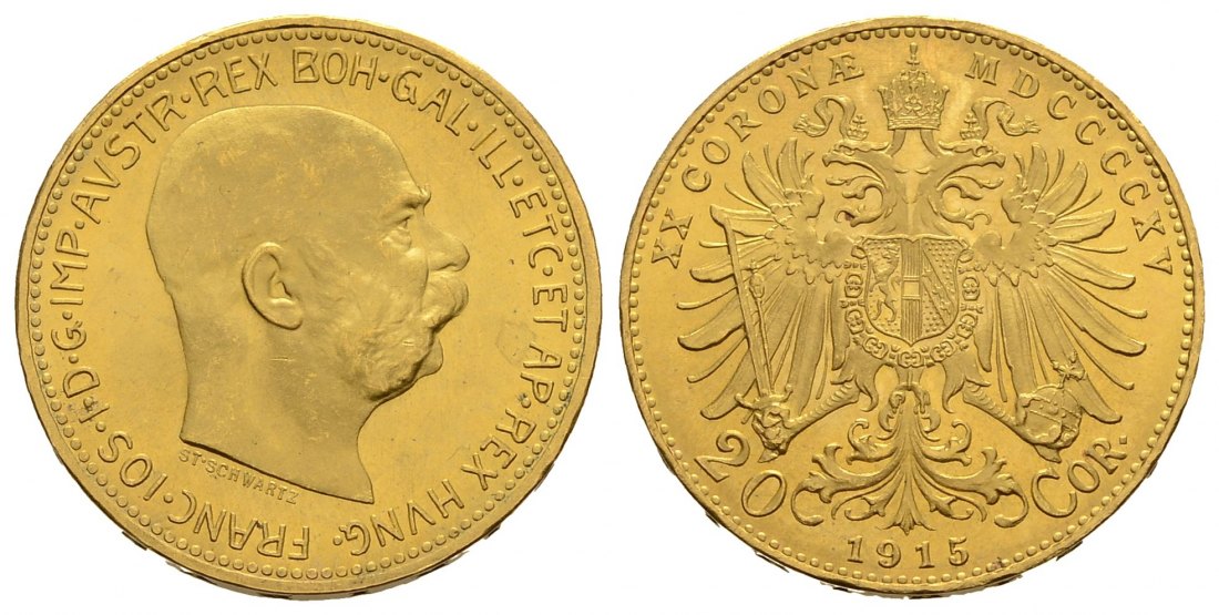 PEUS 3817 Österreich 6,1 g Feingold. Franz Joseph I. (1848 - 1916) 20 Kronen (off.NP) GOLD 1915 Kl. Kratzer, fast Stempelglanz