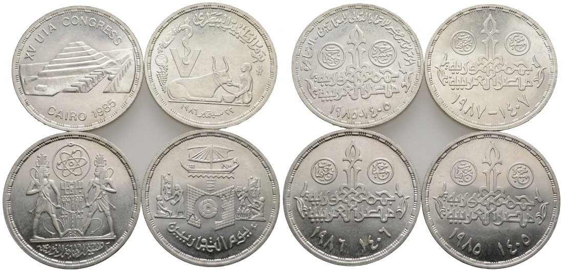 PEUS 3879 Ägypten / Egypt Insg. 50,4 g Feinsilber 5 Pounds-Lot SILBER (4 Münzen) 1985-1987 Meist Stempelglanz