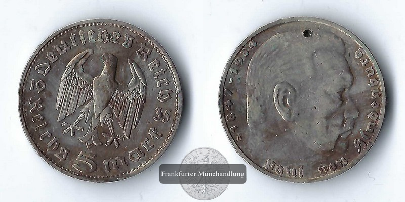  BRD, Drittes Reich 5 Reichsmark  1935  Paul von Hindenburg   FM-Frankfurt  Feinsilber: 12,50g   