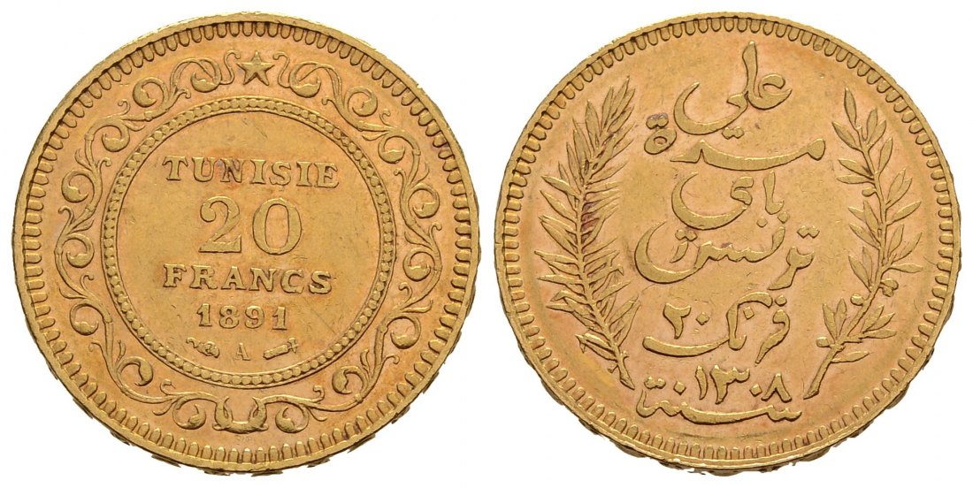 PEUS 3832 Tunesien 5,81 g Feingold 20 Francs GOLD 1891 A Sehr schön