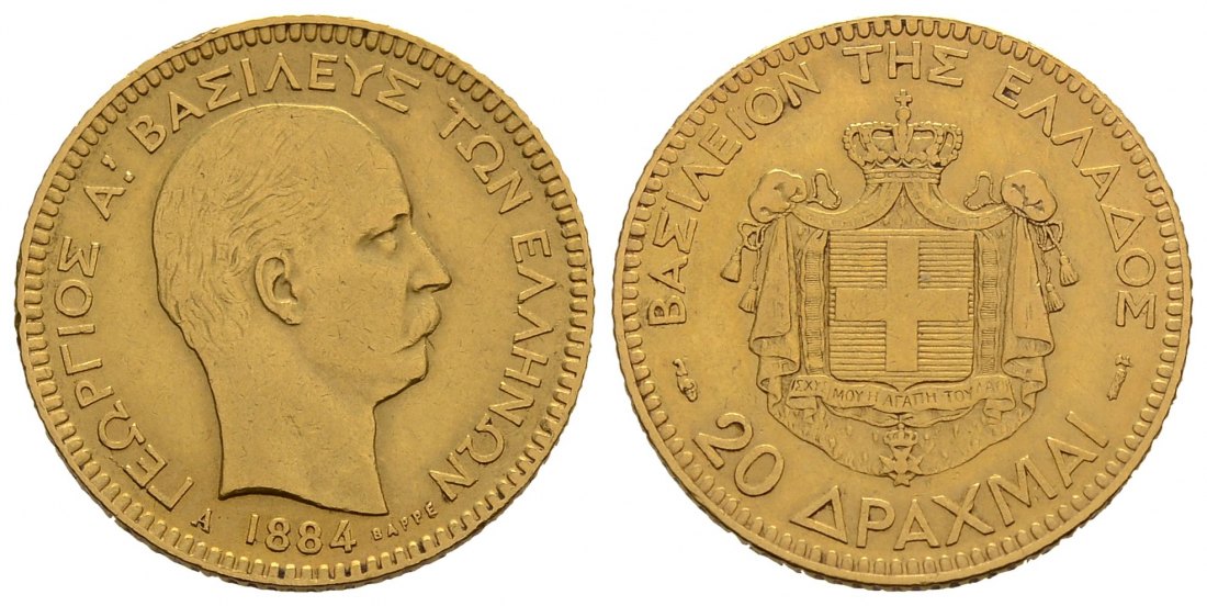 PEUS 3834 Griechenland 5,81 g Feingold. Georg I. (1863 - 1913) 20 Drachmen GOLD 1884 A Sehr schön