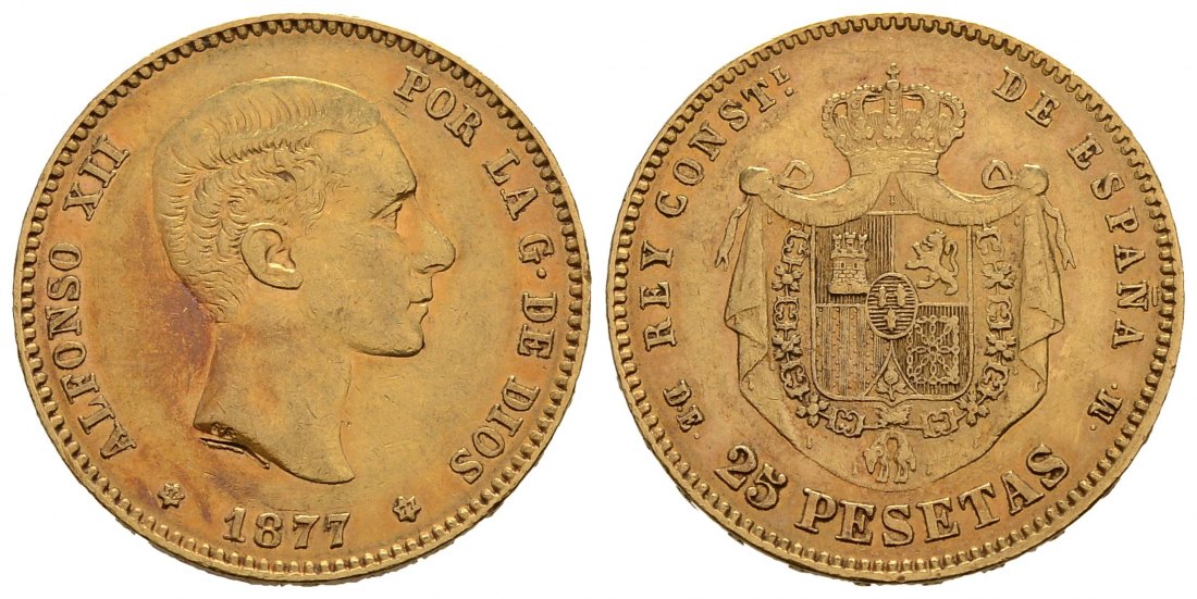 PEUS 3835 Spanien 7,26 g Feingold. Alfons XII. (1874 - 1885) 25 Pesetas GOLD 1877 (18.77)DE-M Fast Vorzüglich