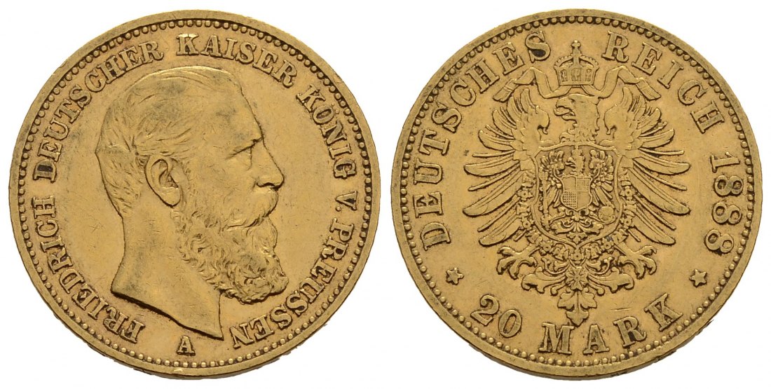 PEUS 3764 Kaiserreich - Preußen 7,16 g Feingold. Friedrich III.(09.03. - 15.06.1888) 20 Mark GOLD 1888 A Sehr schön +