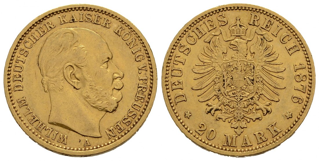 PEUS 3781 Preußen - Kaiserreich 7,17 g Feingold. Wilhelm I. (1861 - 1888) 20 Mark GOLD 1876 A Berlin Kl. Kratzer, fast Vorzüglich