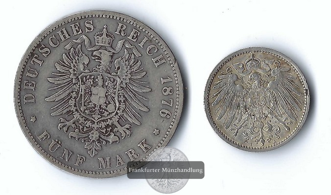  Preussen, Kaiserreich Lot 1 Mark 1911 und 5 Mark  1876 B  Wilhelm I FM-Frankfurt Feinsilber: 30g   