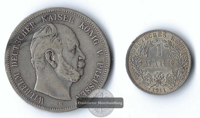  Preussen, Kaiserreich Lot 1 Mark 1911 und 5 Mark  1876 B  Wilhelm I FM-Frankfurt Feinsilber: 30g   