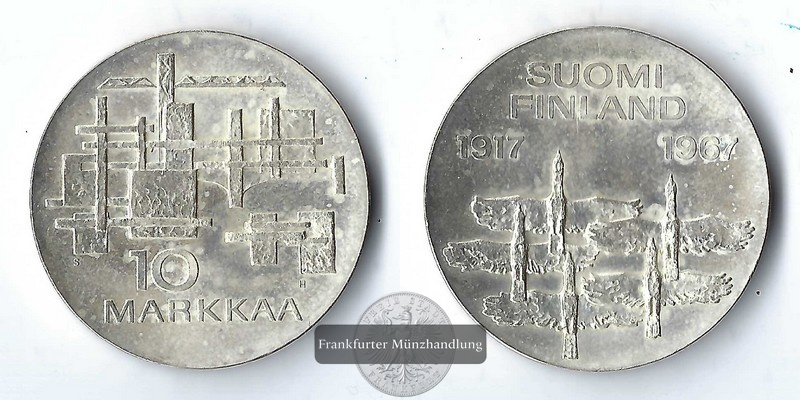  Finnland  10 Markkaa  1967  50 Jahre Unabhängigkeit Finnlands FM-Frankfurt  Feinsilber: 21,38g   