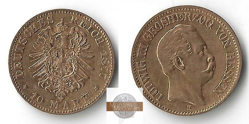Hessen, Kaiserreich  10 Mark MM-Frankfurt   Feingold: 3,59g Ludwig III. 1848-1877 1877 H 