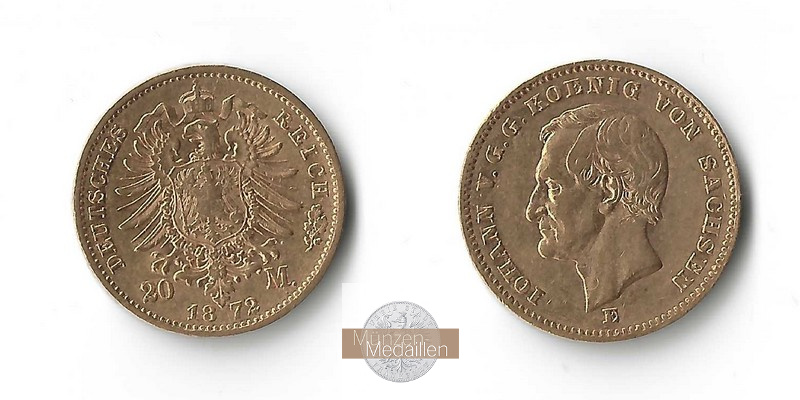 Sachsen, Kaiserreich  20 Mark MM-Frankfurt Feingold: 7,17g Johann 1854-1873 1872 E 