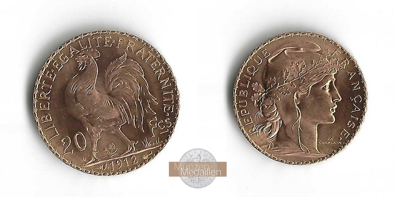 Frankreich  20 Francs MM-Frankfurt Feingold: 5,81g Marianne 1912 
