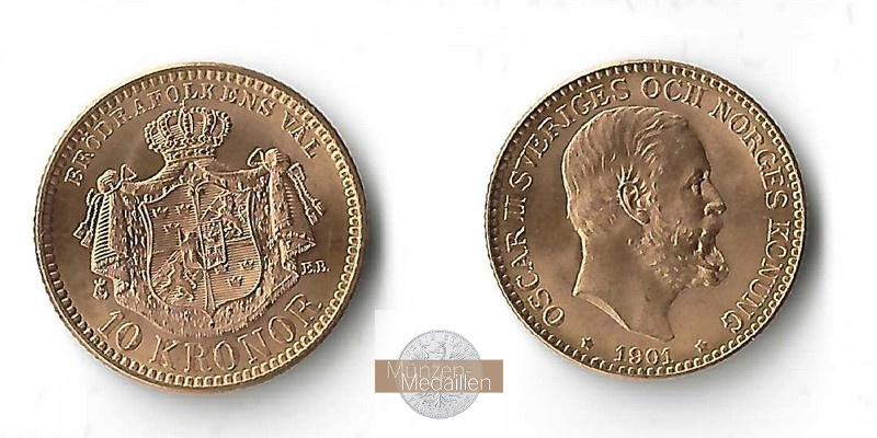Schweden MM-Frankfurt Feingewicht: 4,03g Gold 10 Kronen 1901 ss
