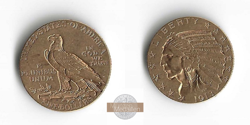 USA  5 Dollars MM-Frankfurt Feingold: 7,52g Indianerkopf 1913 