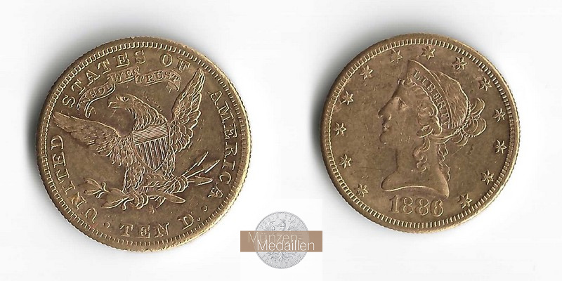 USA  10 Dollar MM-Frankfurt Feingold: 15,05g Eagle - Kopf mit Krone 1886 ss