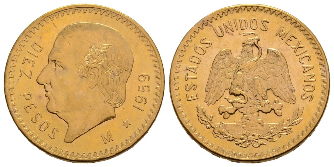 PEUS 3792 Mexiko 7,5 g Feingold. Miguel Hidalgo y Costilla 10 Pesos GOLD 1959 M Kl. Kratzer, fast Stempelglanz