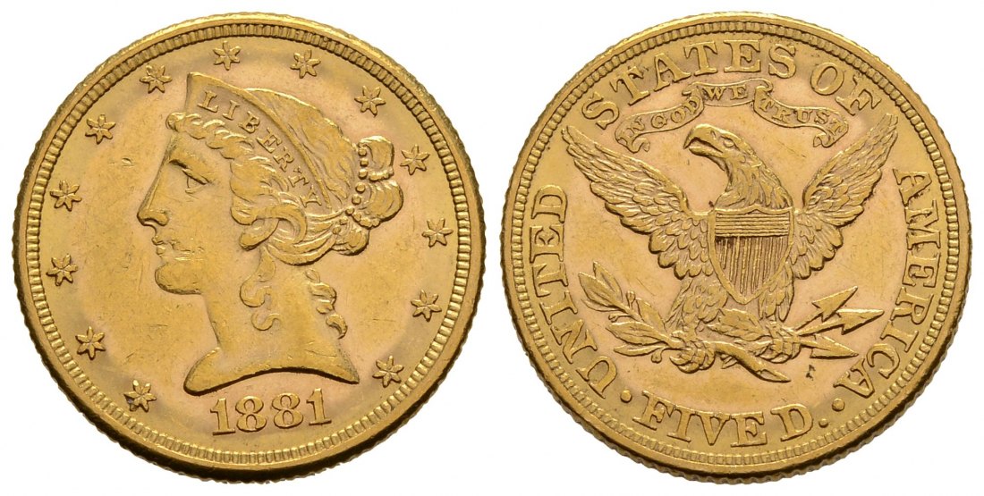 PEUS 3800 USA 7,52 g Feingold. Coronet Head 5 Dollars GOLD 1881 Kl. Kratzer, Sehr schön +