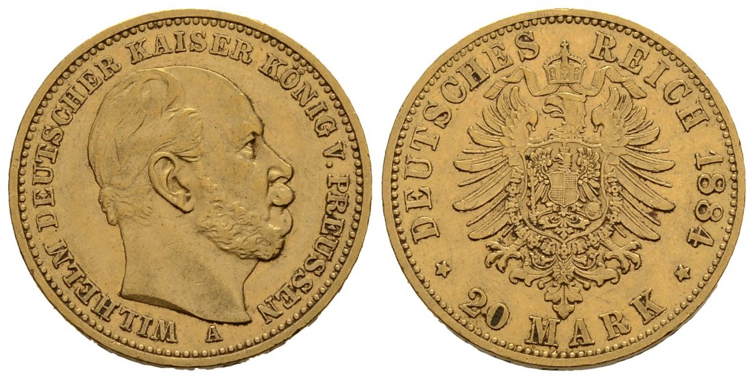 PEUS 3802 Kaiserreich - Preußen 7,17 g Feingold. Wilhelm I. (1861 - 1888) 20 Mark GOLD 1884 A Berlin Kl. Kratzer, Sehr schön +
