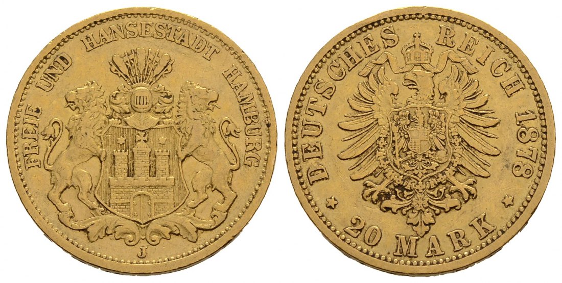 PEUS 3805 Hamburg - Kaiserreich 7,16 g Feingold. Stadtwappen / Kleiner Adler 20 Mark GOLD 1878 J Sehr schön
