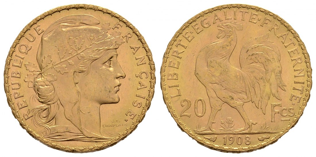 PEUS 3807 Frankreich 5,81 g Feingold. Marianne 20 Francs GOLD 1908 Vorzüglich