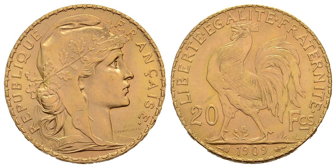 PEUS 3811 Frankreich 5,81 g Feingold. Marianne 20 Francs GOLD 1909 Vorzüglich