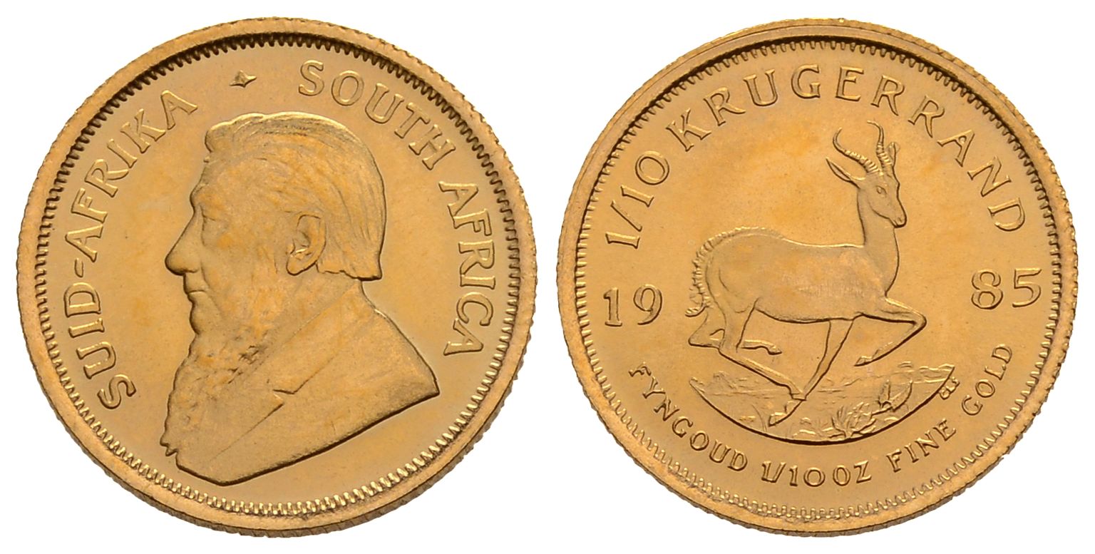 PEUS 3820 Süd-Afrika 3,11 g Feingold 1/10 Krügerrand GOLD 1/10 Unze 1985 Winzige Kratzer, fast Stempelglanz