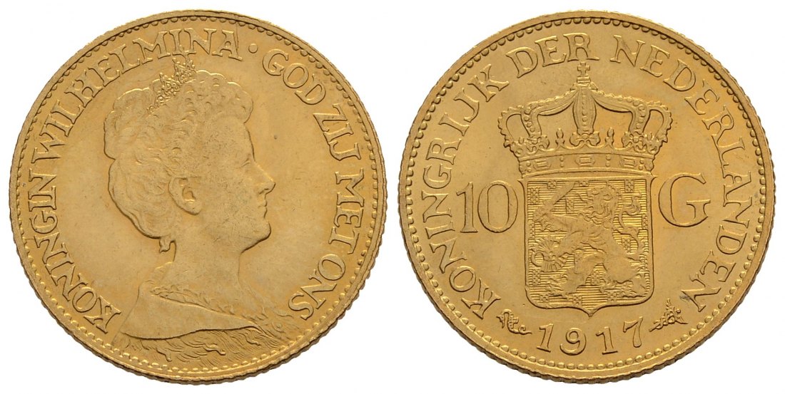 PEUS 3822 Niederlande 6,06 g Feingold. Wilhelmina (1890 - 1948) 10 Gulden GOLD 1917 Kl. Kratzer, Vorzüglich