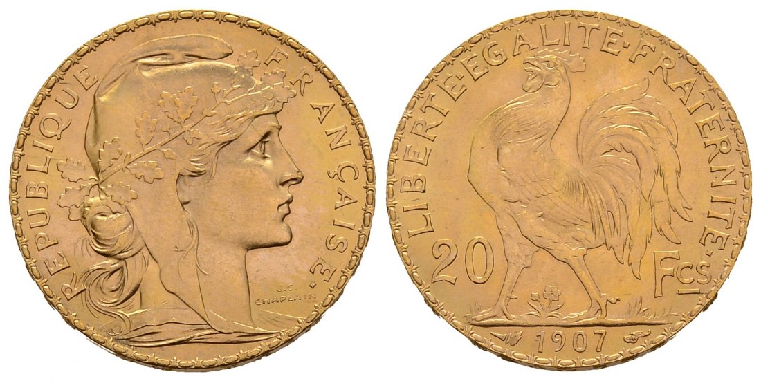 PEUS 3824 Frankreich 5,81 g Feingold. Marianne 20 Francs GOLD 1907 Vorzüglich