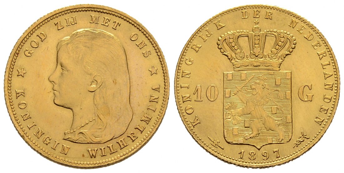 PEUS 3827 Niederlande 6,06 g Feingold. Wilhelmina III. (1890 - 1948) 10 Gulden GOLD 1897 Kl. Kratzer, Vorzüglich +