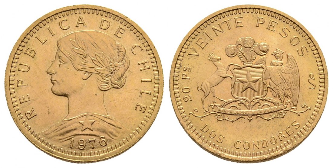 PEUS 3894 Chile 3,66 g Feingold 20 Pesos GOLD 1976 Vorzüglich