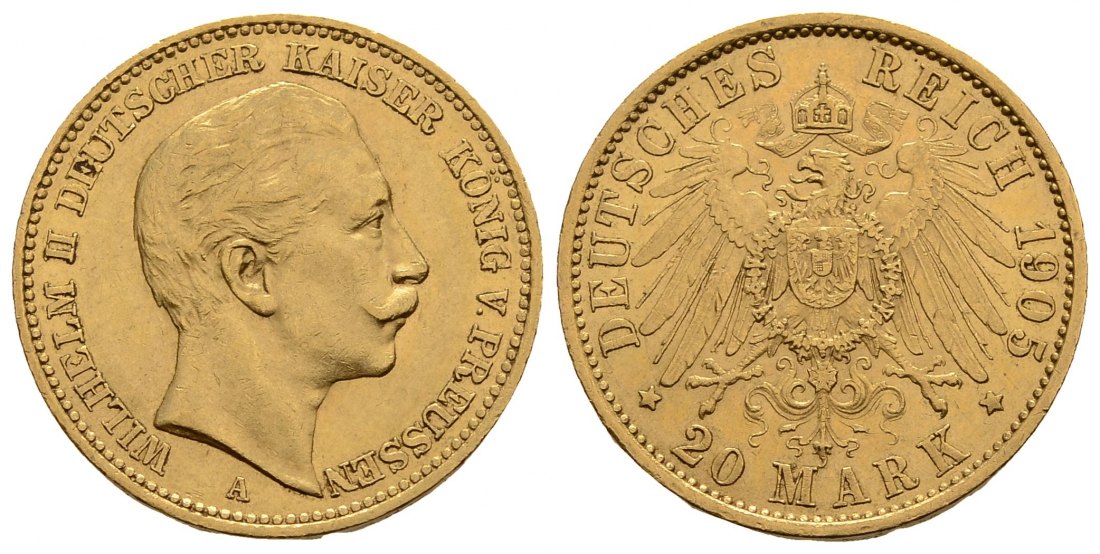 PEUS 3795 Kaiserreich - Preußen 7,17 g Feingold. Wilhelm II. 20 Mark GOLD 1905 A Kl. Kratzer, sehr schön +
