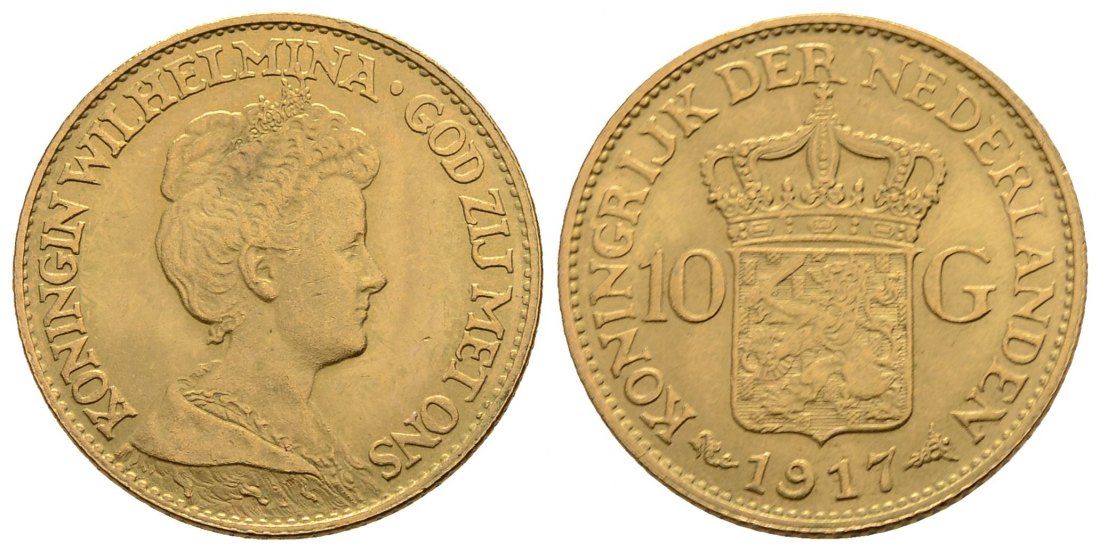 PEUS 3899 Niederlande 6,06 g Feingold. Wilhelmina (1890 - 1948) 10 Gulden GOLD 1917 Kl. Kratzer, Vorzüglich