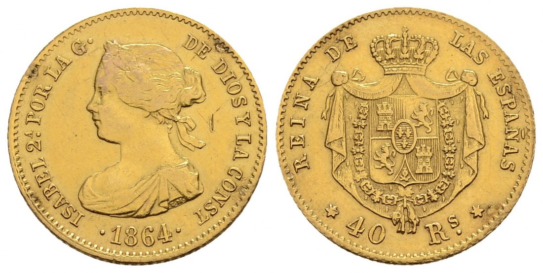 PEUS 3901 Spanien Königreich 3,01 g Feingold. Isabella II. (1833-1868) 40 Reales GOLD 1864 Madrid Fassungsspuren, Sehr schön