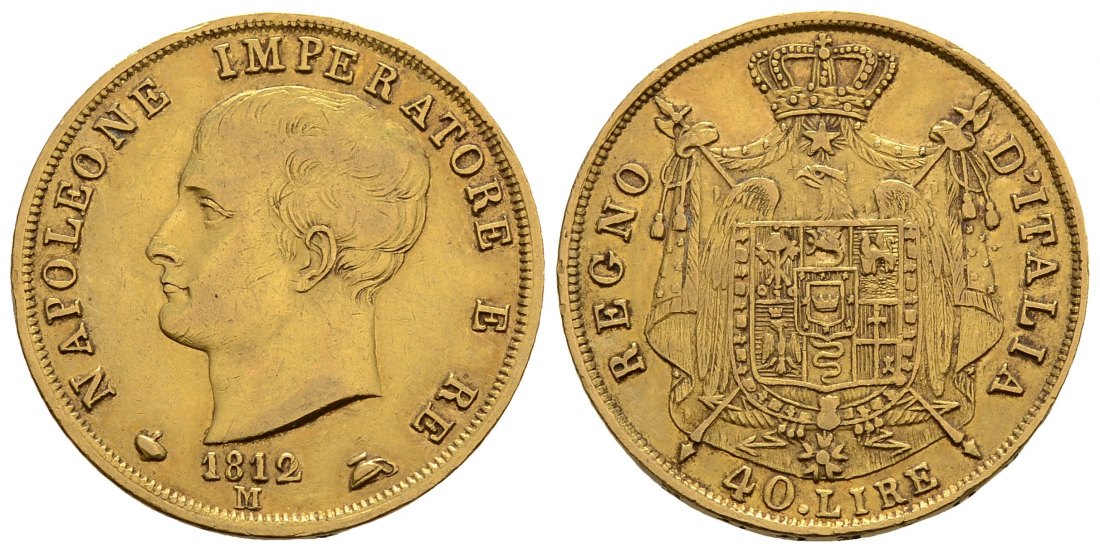 PEUS 3903 Italien Teil v. Frankreich 11,61 g Feingold. Napoleon (1805 - 1814) 40 Lire GOLD 1812 M ailand Kl. Randfehler, Sehr schön