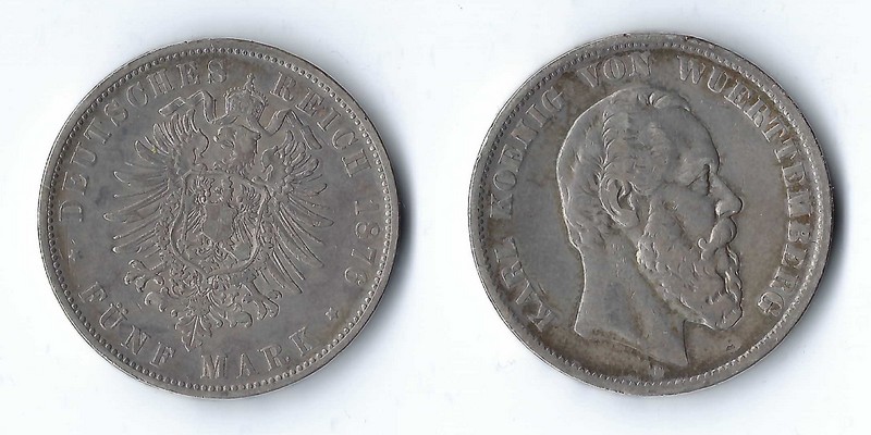  Württemberg, Kaiserreich  5 Mark  1876 F  FM-Frankfurt Feinsilber: 25g   
