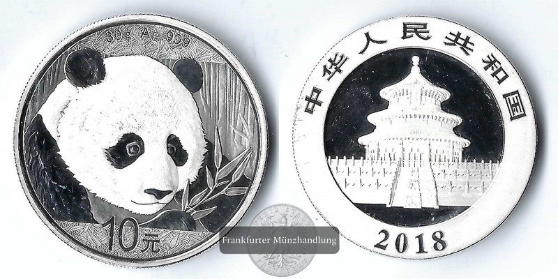  China,  10 Yuan  2018  Panda  FM-Frankfurt  Feinsilber: 30g   