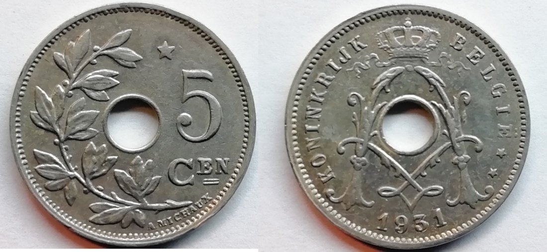 Belgium - Scarce 5 Centime 1931 Double 3 in coin year - Copper-Nickel
