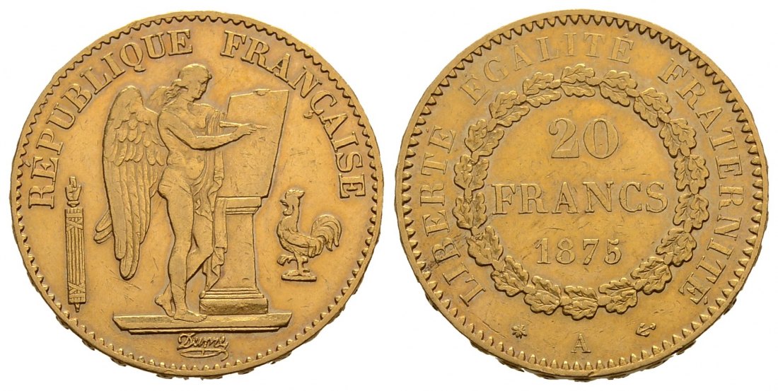 PEUS 3602  Frankreich 5,81 g Feingold 20 Francs GOLD 1875 A Sehr schön