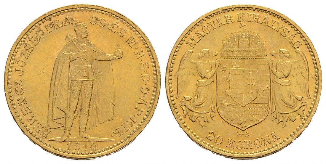 PEUS 3829 Ungarn 6,1 g Feingold. Franz Joseph I. (1848 - 1916) 20 Kronen GOLD 1914 KB Kremnitz Kratzer, sehr schön +