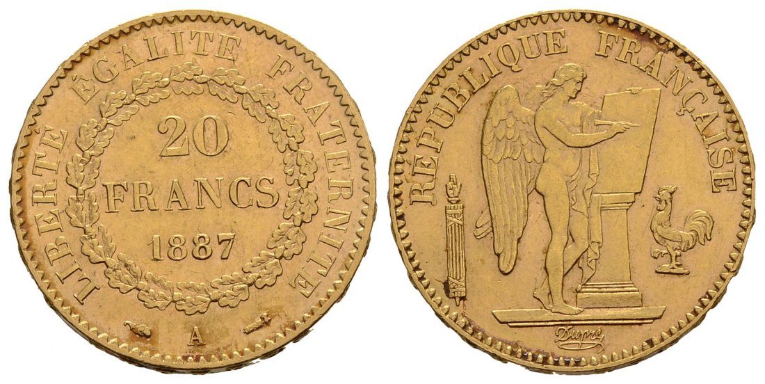 PEUS 3836  Frankreich 5,81 g Feingold 20 Francs GOLD 1887 A Sehr schön +