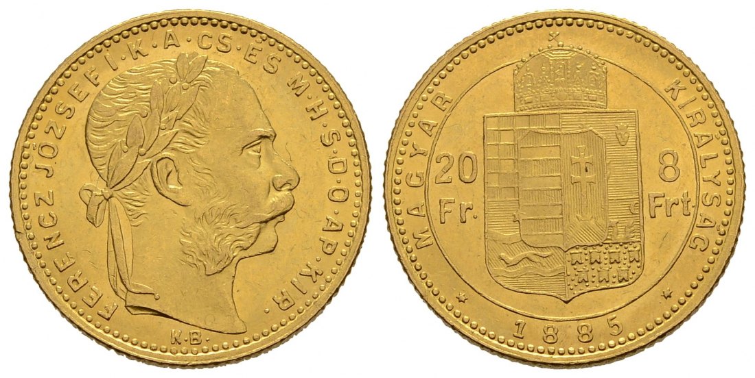 PEUS 3838 Ungarn 5,81 g Feingold. Kremnitz 8 Forint GOLD 1885 KB Kl. Kratzer, fast Vorzüglich