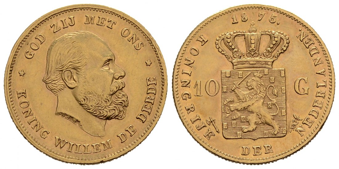 PEUS 3840 Niederlande 6,06 g Feingold. Wilhelm III. (1849 - 1890) 10 Gulden GOLD 1875 Utrecht Kl. Kratzer, fast Vorzüglich