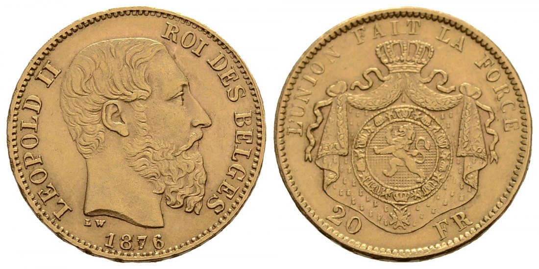 PEUS 3906 Belgien 5,81 g Feingold. Leopold II. (1865-1909) 20 Francs GOLD 1876 Sehr schön