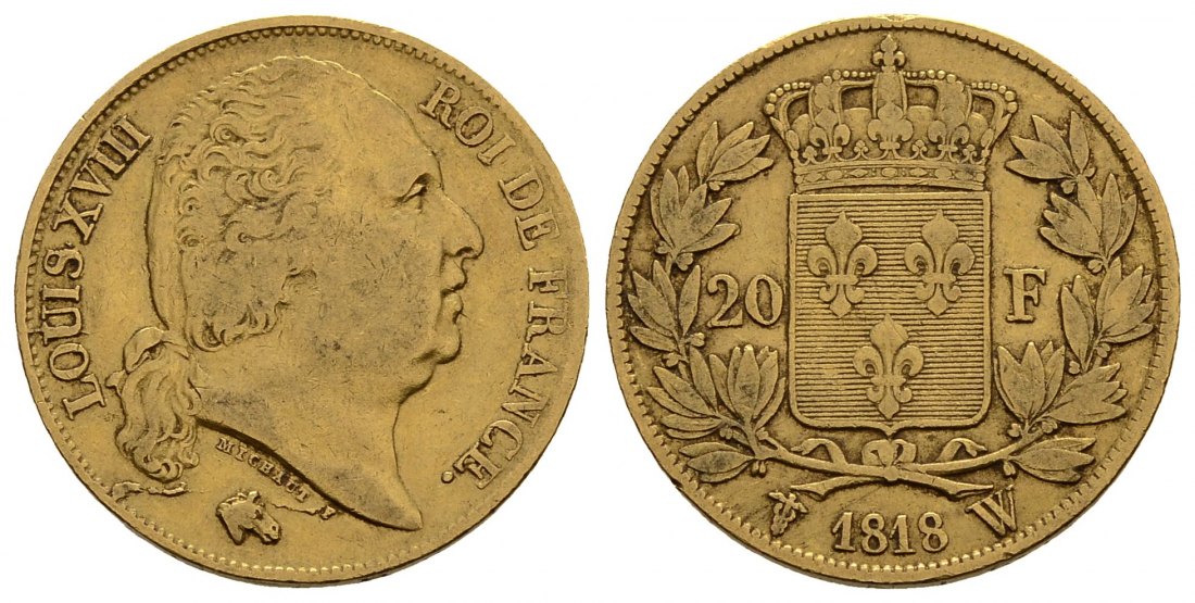 PEUS 3908 Frankreich 5,81 g Feingold. Ludwig XVIII. (1815 - 1824) 20 Francs GOLD 1818 W Lille Sehr schön