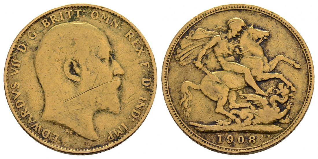 PEUS 3910 Grossbritannien 7,32 g Feingold. Eduard VII. (1901 - 1910) Sovereign GOLD 1908 Kratzer, fast Sehr schön