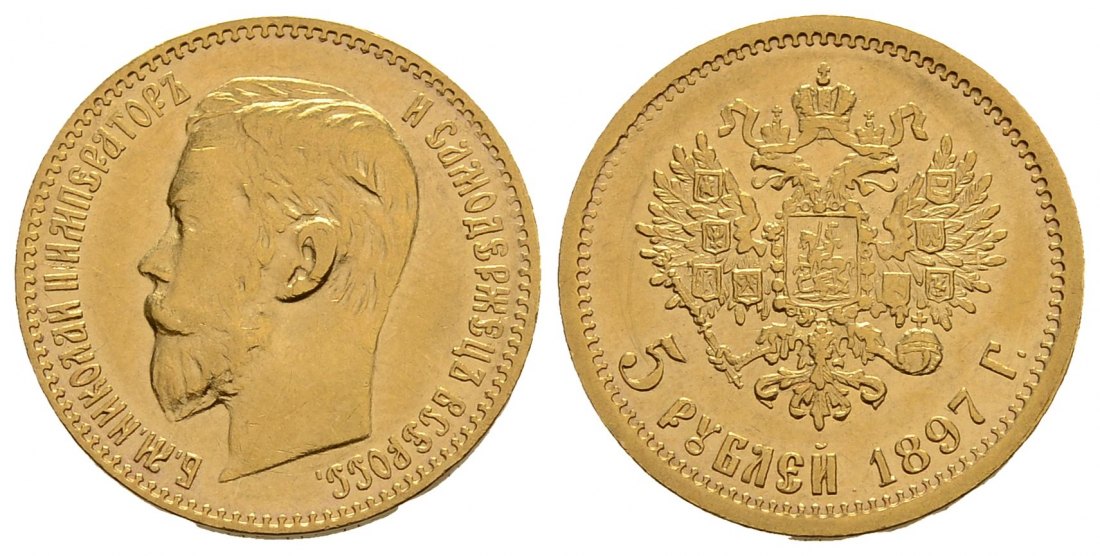 PEUS 9589 Russland 3,87 g Feingold. Zar Nikolaus II. (1894 - 1917) 5 Rubel GOLD 1897 АГ Kl. Kratzer, fast Vorzüglich