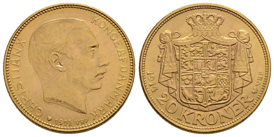 PEUS 3912 Dänemark 8,06 g Feingold. Kopenhagen Christian X. (1912 - 1947) 20 Kroner GOLD 1914 VBP Vorzüglich